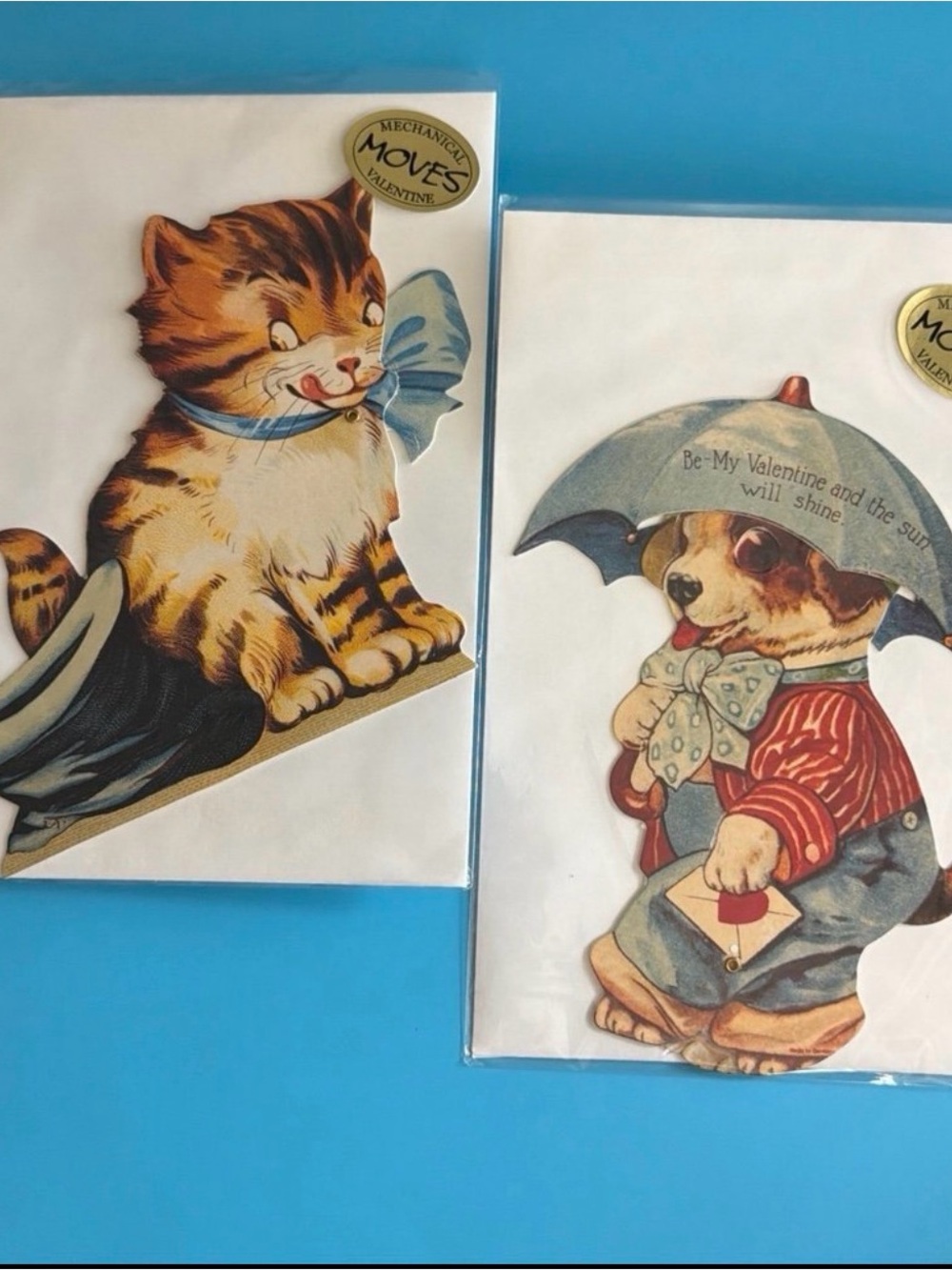 NEW VTG Style Mechanical Moves Valentine Cards - Set of 2 Cat / Dog Collection